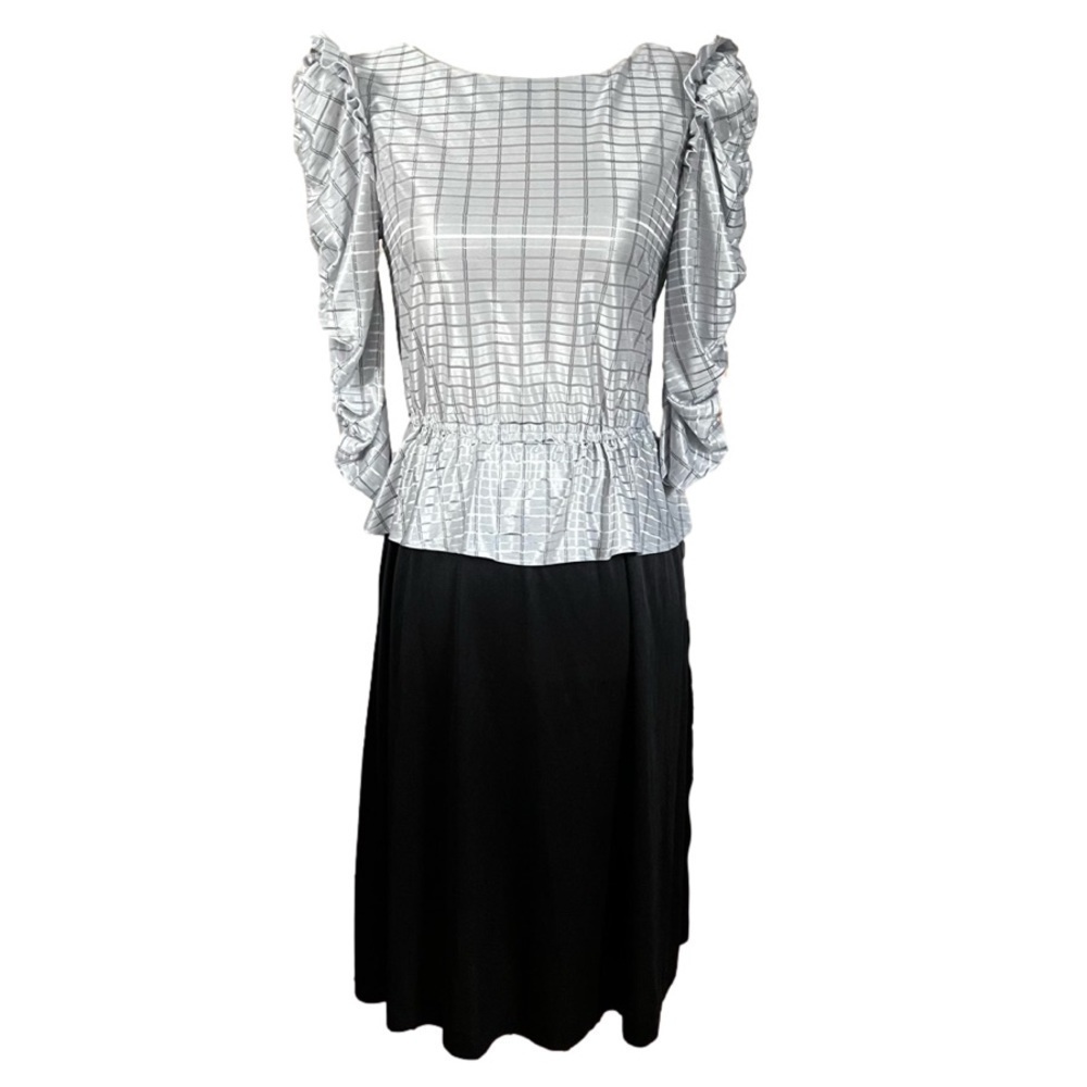 VINTAGE 80s Gunmetal Silver Ruffle Peplum Dress with Black Skirt 3/4 Sleeve XS